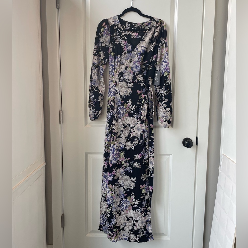 Black & Purple Floral Wrap Dress